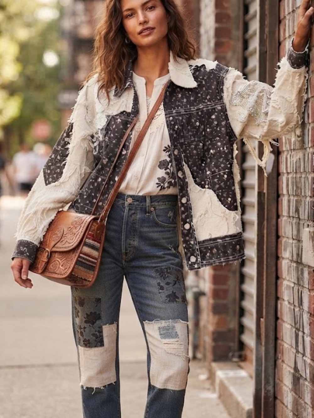 POL Patchwork Distressed Sherpa-Trim Jean Jacket - Cream & Charcoal